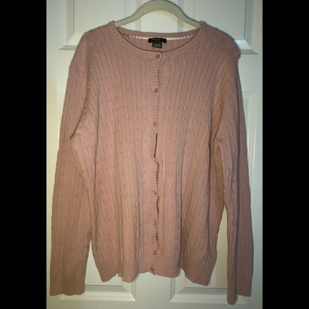 Eddie Bauer cotton/nylon rose colored button down knit sweater.